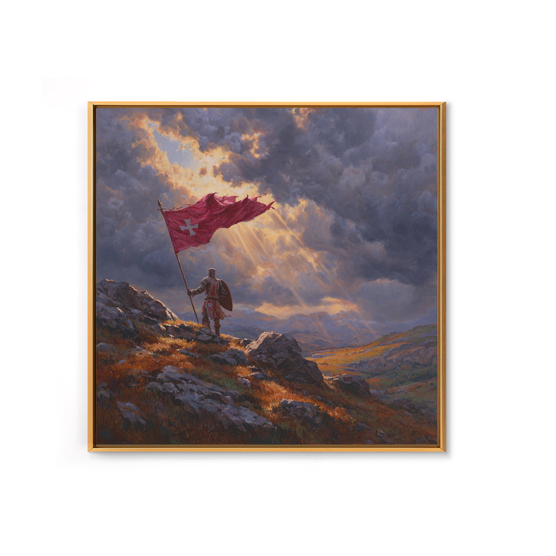 Crusader Knight With Red Flag Framed Canvas Print, Medieval Wall Art, Stormy Mountain Landscape, Christian Warrior Decor