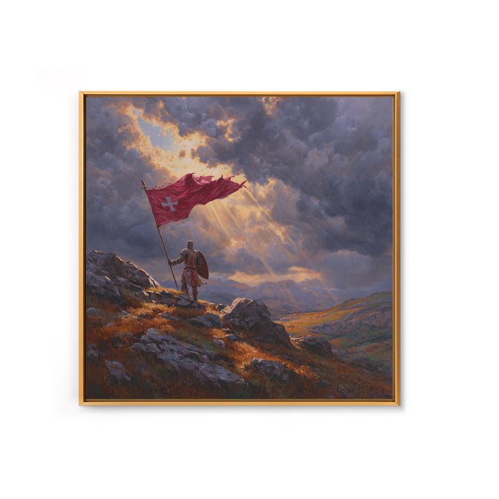 Crusader Knight With Red Flag Framed Canvas Print, Medieval Wall Art, Stormy Mountain Landscape, Christian Warrior Decor
