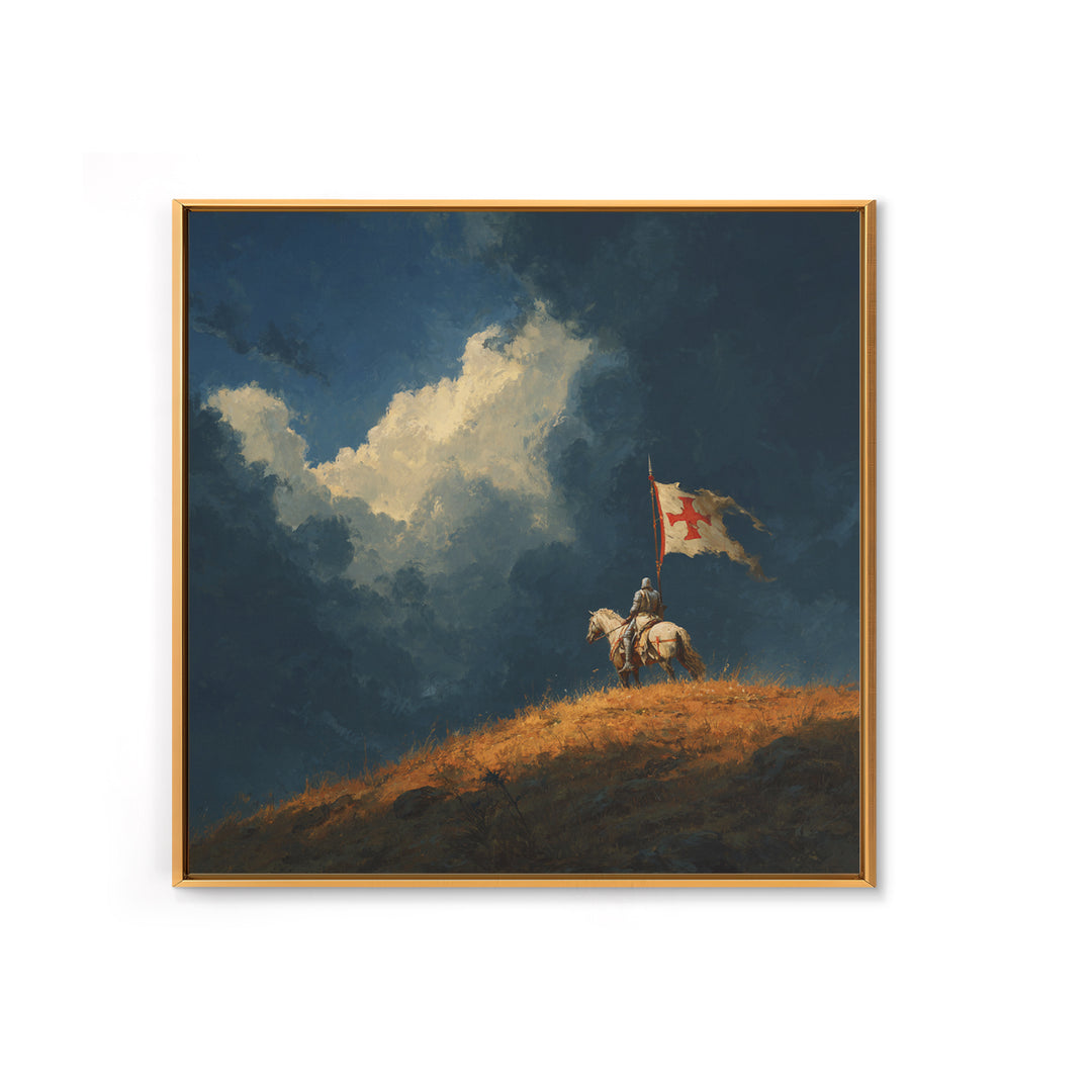 Medieval Knight On Horse With Tattered Flag Wall Art, Dramatic Fantasy Landscape, Gothic Medieval Decor, Warrior Gift Print