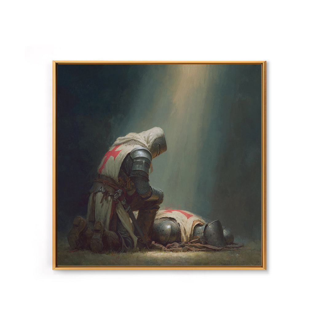 Praying Crusader Knight In Spotlight Canvas Print, Medieval Christian Wall Art, Templar Warrior Decor For Office And Home