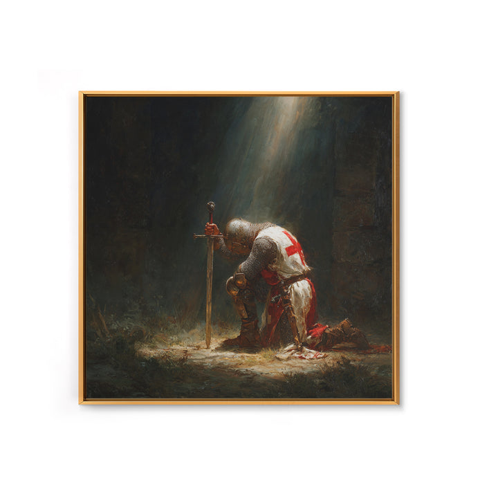 Kneeling Templar Knight In Sacred Light Framed Canvas Print, Medieval Christian Wall Art For Gothic Office Decor Gift Idea