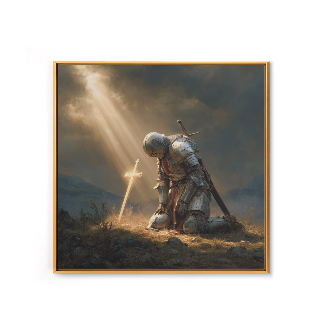 Kneeling Knight Before Glowing Cross Wall Art, Medieval Christian Painting, Inspirational Faith Decor, Gift For Men Poster