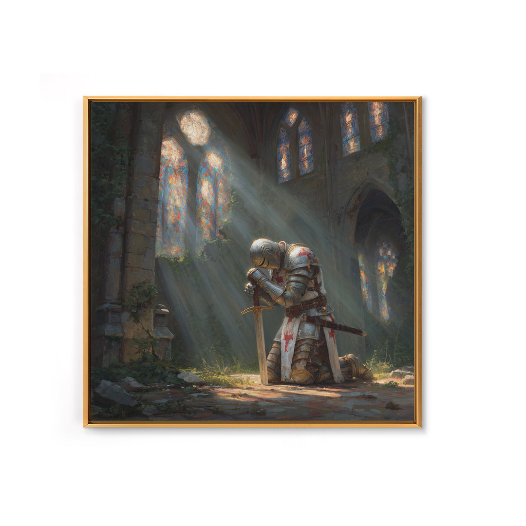 Kneeling Knight In Ruined Cathedral Framed Canvas Print, Medieval Fantasy Wall Art, Christian Decor, Gothic Gift For Him