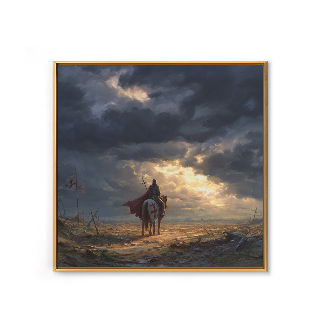 Templar Knight On Horse In Stormy Battlefield Wall Art, Medieval Landscape Art, Gothic Wall Decor, Epic Fantasy Gift For Him