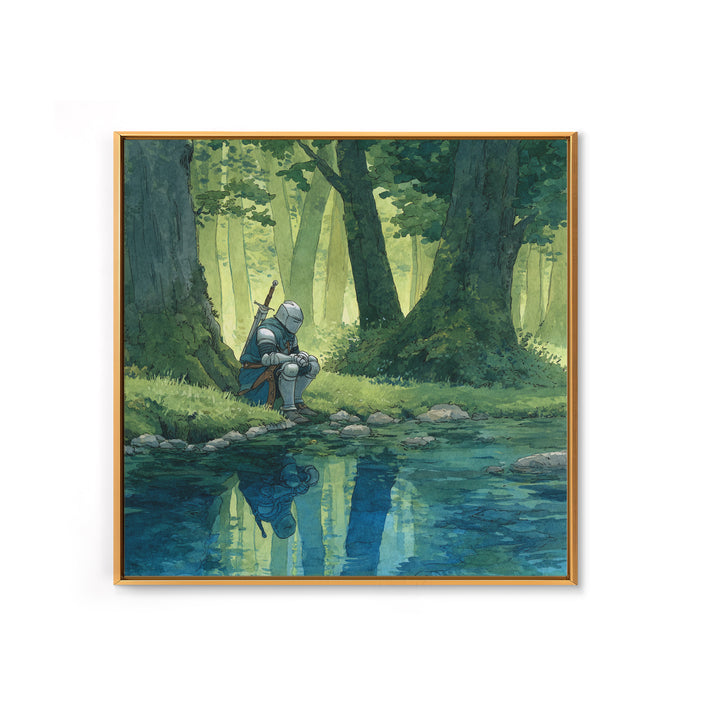 Solitary Knight Resting Beside Forest Stream Wall Art, Fantasy Art Print, Medieval Decor, Woodland Landscape, Gift For Him