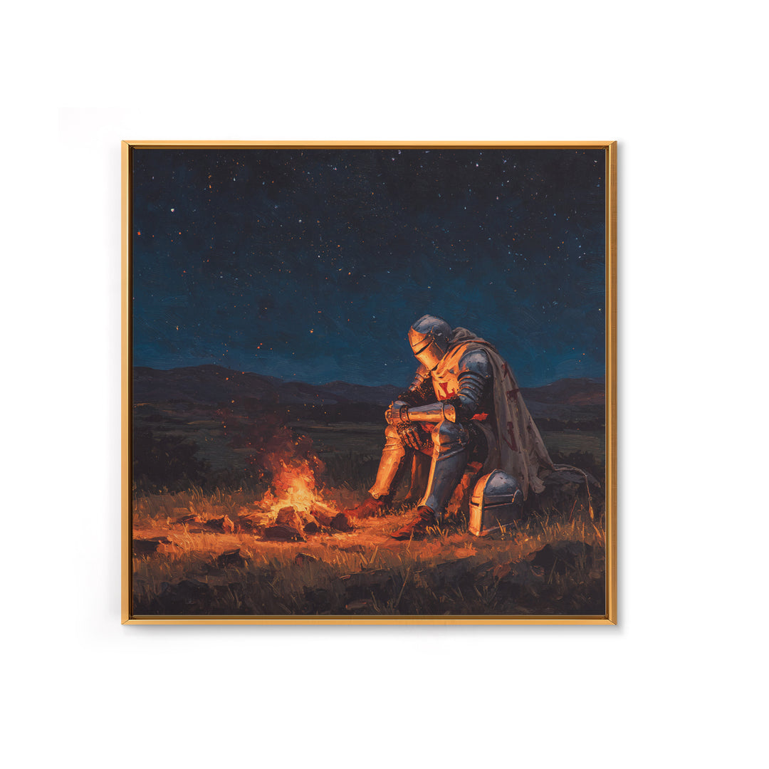 Solitary Knight By Campfire Wall Art, Starry Night Fantasy Canvas Print, Medieval Decor, Dark Academia Gift For Him, Moody Wall Decor