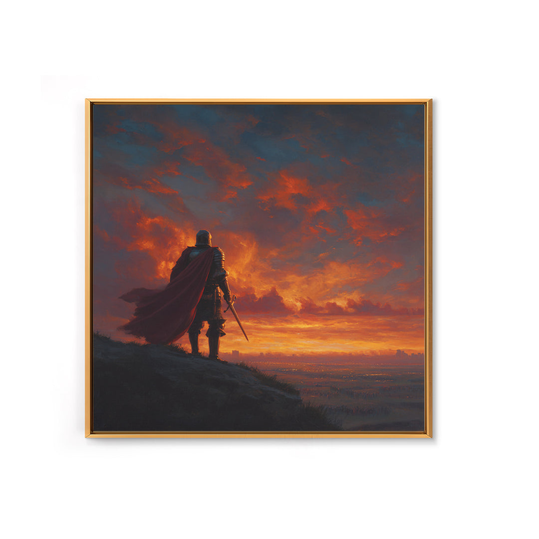 Lone Knight At Fiery Sunset Wall Art, Medieval Fantasy Warrior Canvas Print, Dramatic Landscape For Masculine Home Decor