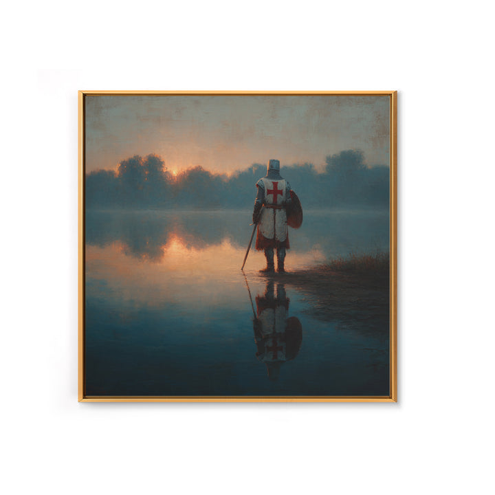 Lone Crusader Knight At Misty Lake Wall Art, Medieval Landscape Painting, Dark Academia Decor, Historical Framed Canvas Print