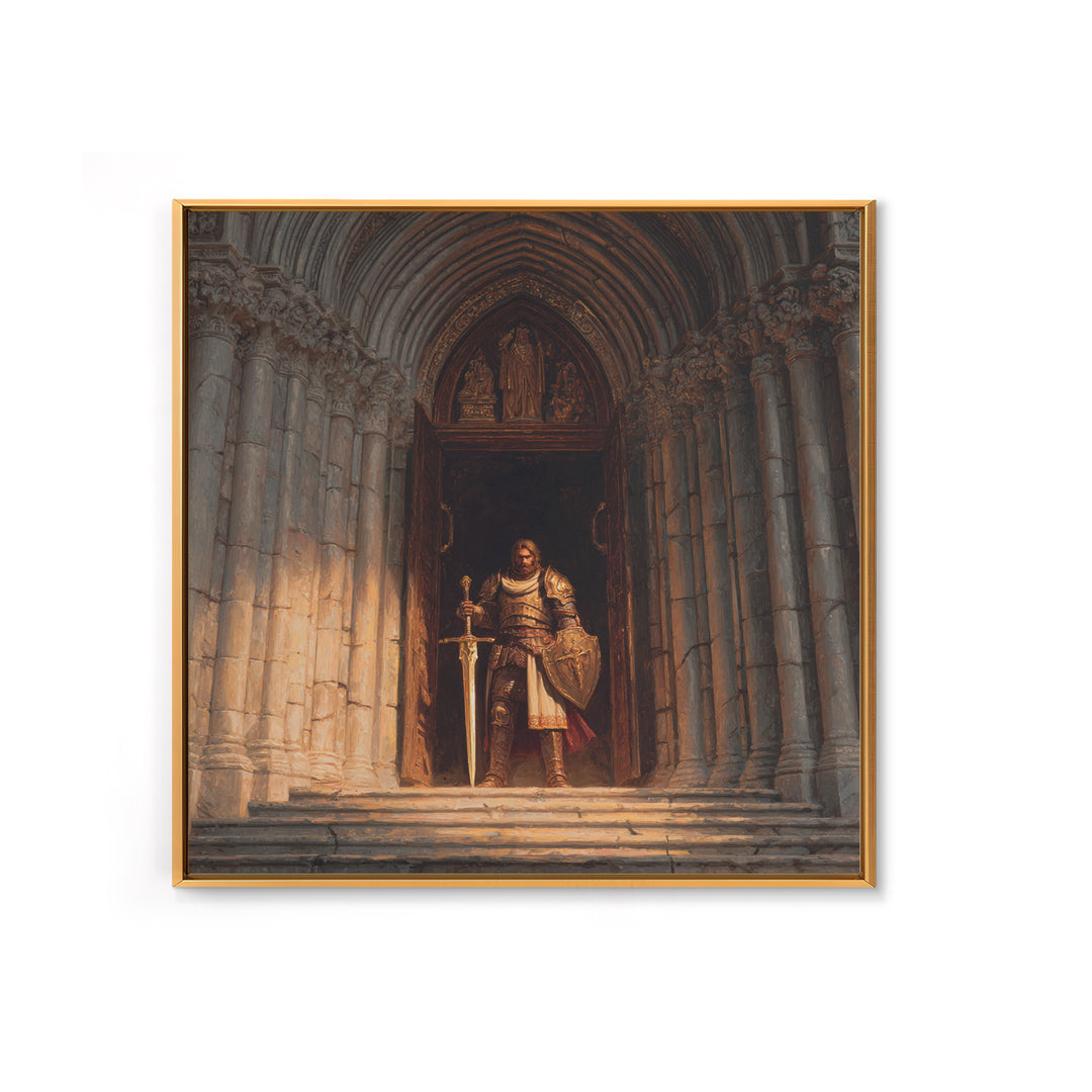Armored Knight At Gothic Cathedral Canvas Print, Medieval Fantasy Wall Art For Castle Decor And Dark Academia Office Decor