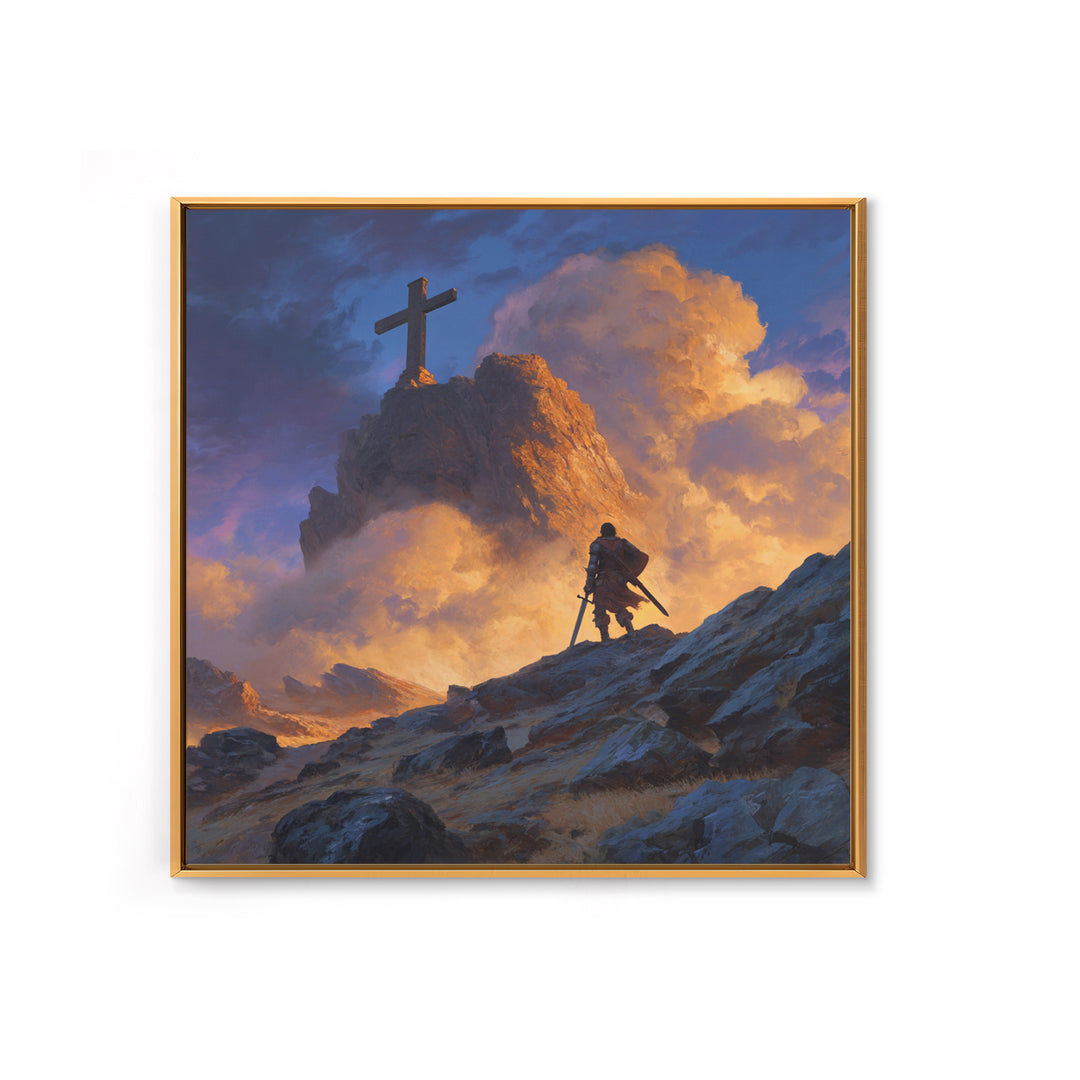 Epic Warrior Climbing Mountain To Cross Wall Art, Christian Fantasy Canvas Print, Inspirational Decor, Faith Gift For Him