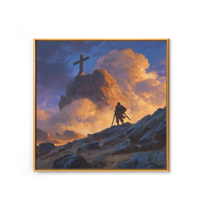 Epic Warrior Climbing Mountain To Cross Wall Art, Christian Fantasy Canvas Print, Inspirational Decor, Faith Gift For Him