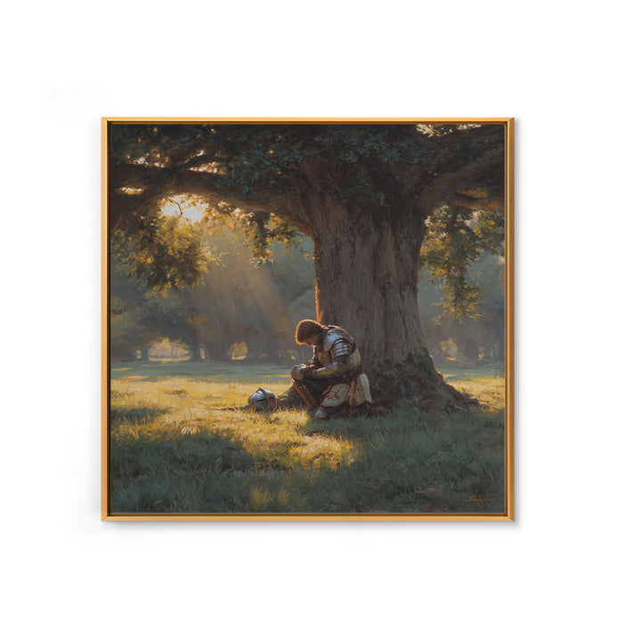 Praying Knight Beneath Ancient Oak Canvas Print, Medieval Fantasy Wall Art, Christian Warrior, Rustic Landscape Home Decor