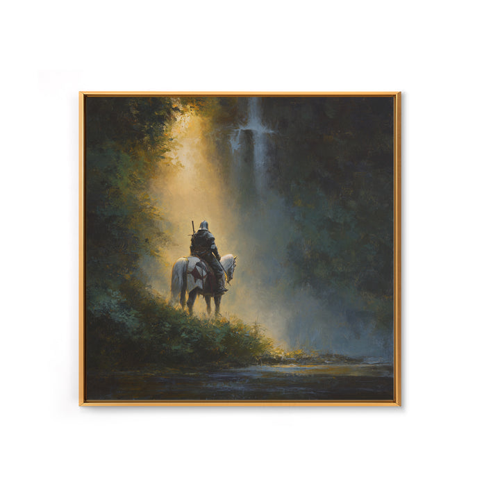 Lone Knight And White Horse By Waterfall Framed Canvas Print, Epic Fantasy Wall Art, Medieval Decor, Adventure Gift For Him