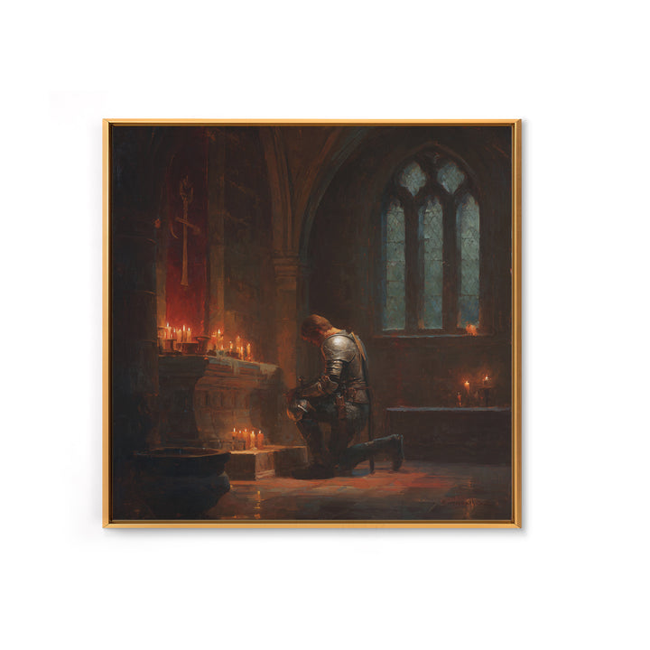Kneeling Knight In Candlelit Chapel Wall Art, Gothic Medieval Canvas Print, Dark Academia Decor, Fantasy Christian Art Gift
