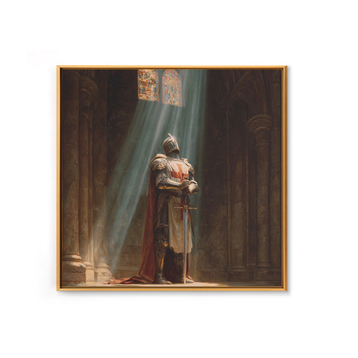 Medieval Knight Praying In Cathedral Light Framed Canvas Print, Gothic Wall Art, Christian Wall Decor, Fantasy Art Gift For Him