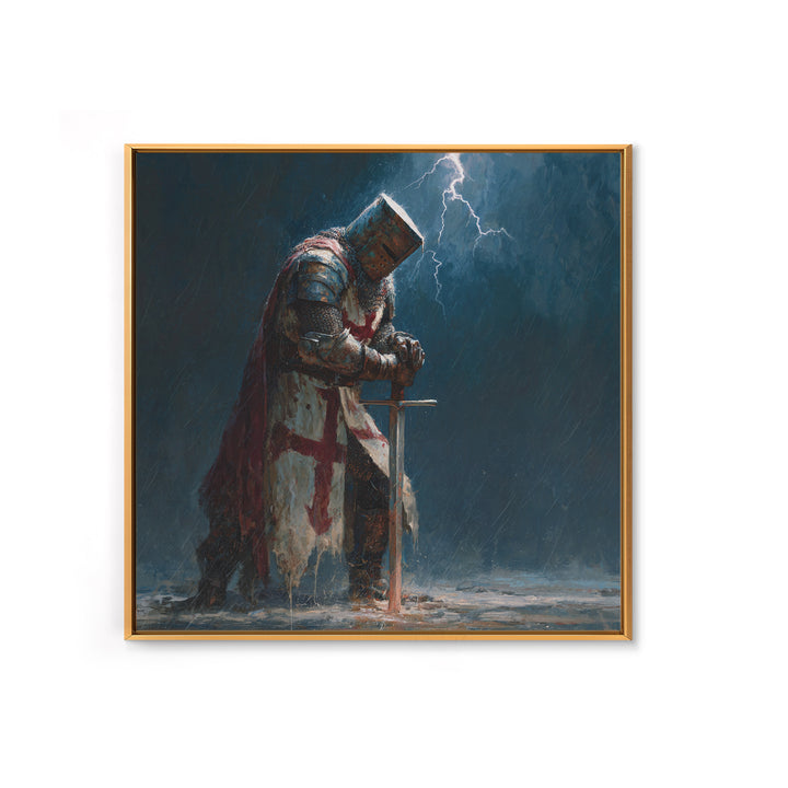 Stormy Praying Knight With Sword Wall Art, Medieval Fantasy Canvas Print, Gothic Christian Dark Academia Home Decor, Gift For Him