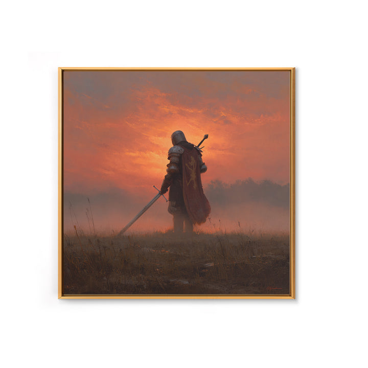 Lone Medieval Knight At Fiery Sunset Wall Art, Fantasy Warrior Canvas Print, Gothic Castle Decor, Dramatic Gift For Him Art