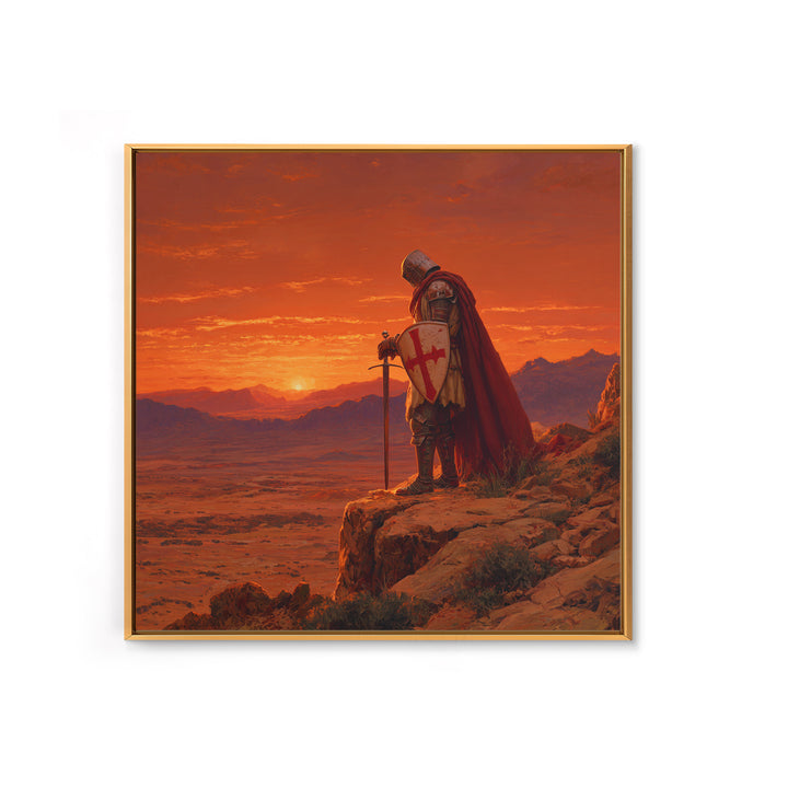Crusader Knight At Sunset Canvas Print, Medieval Fantasy Art, Red Desert Landscape, Gothic Wall Decor, Gift For Him, Man Cave Decor