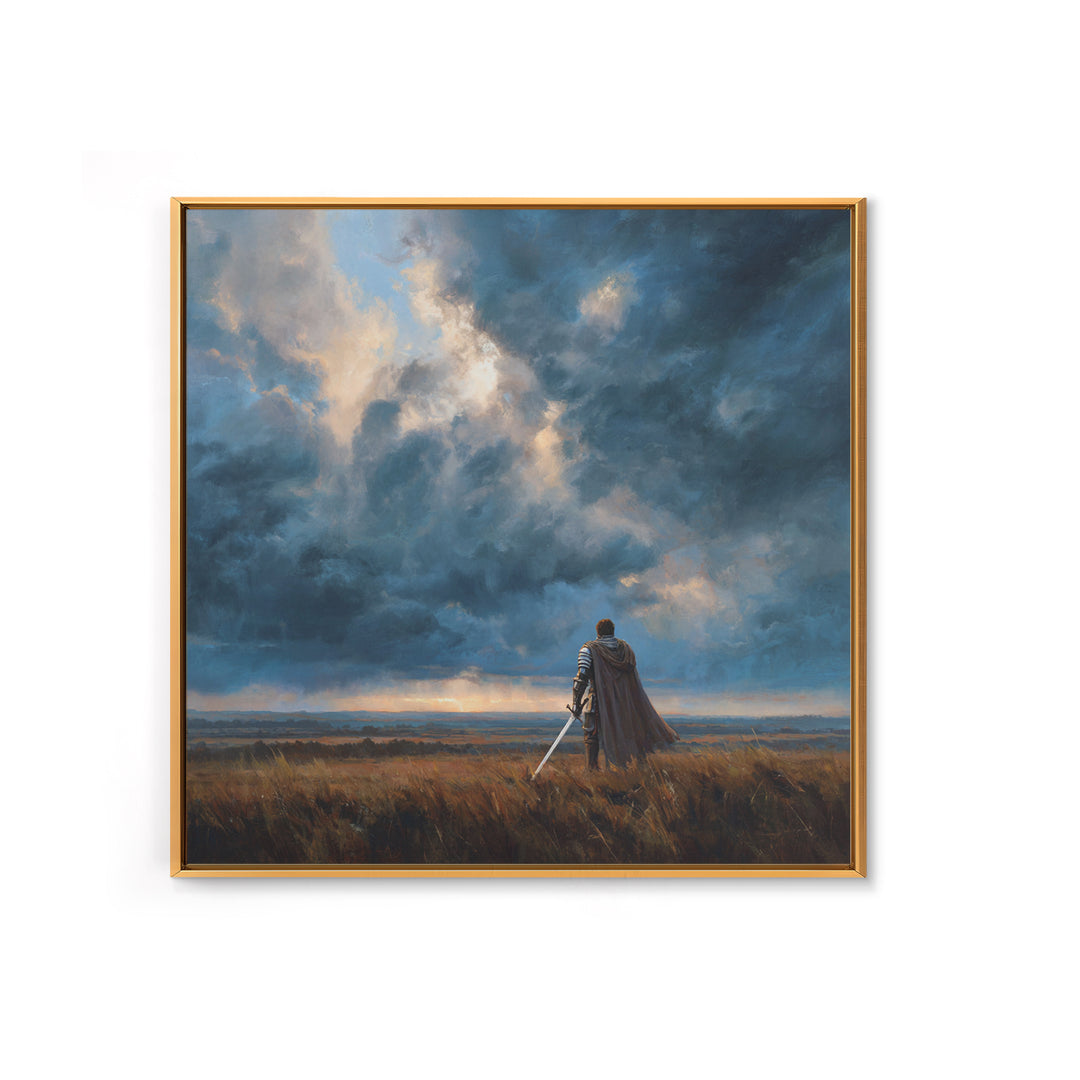 Lone Warrior Beneath Storm Clouds Wall Art, Medieval Fantasy Landscape Painting, Dark Academia Decor, Gift For Him Poster