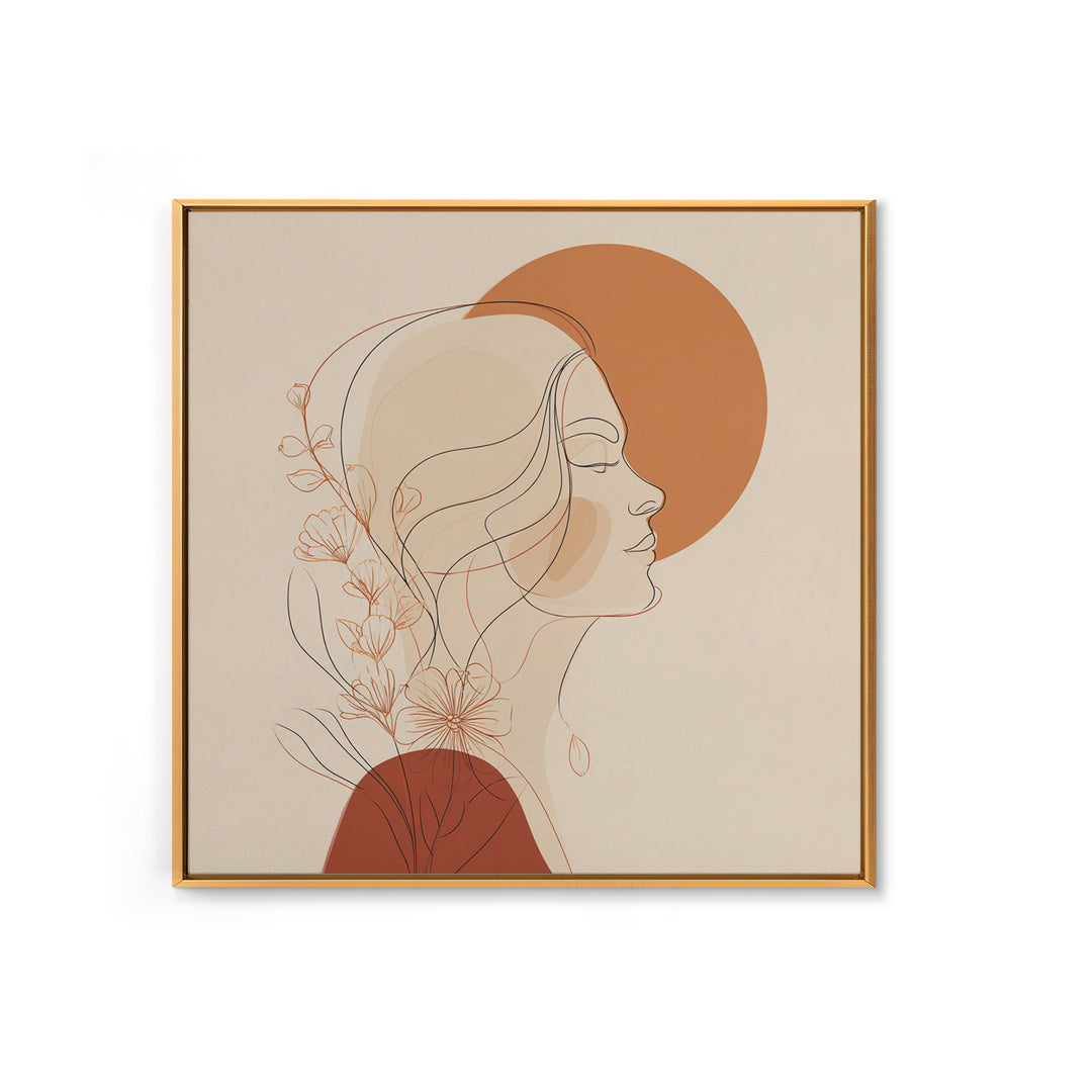 Floral Woman Line Art Canvas Print, Terracotta Sun Portrait Wall Art, Feminine Boho Decor, Minimalist Bedroom Art Print For Her