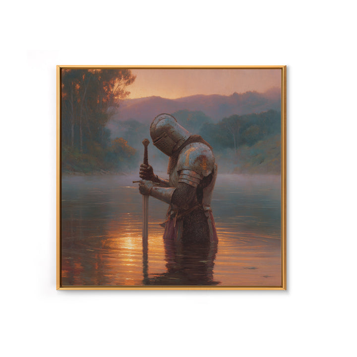 Armored Knight In Sunset River Wall Art, Medieval Fantasy Landscape Painting, Moody Rustic Decor, Historical Canvas Print