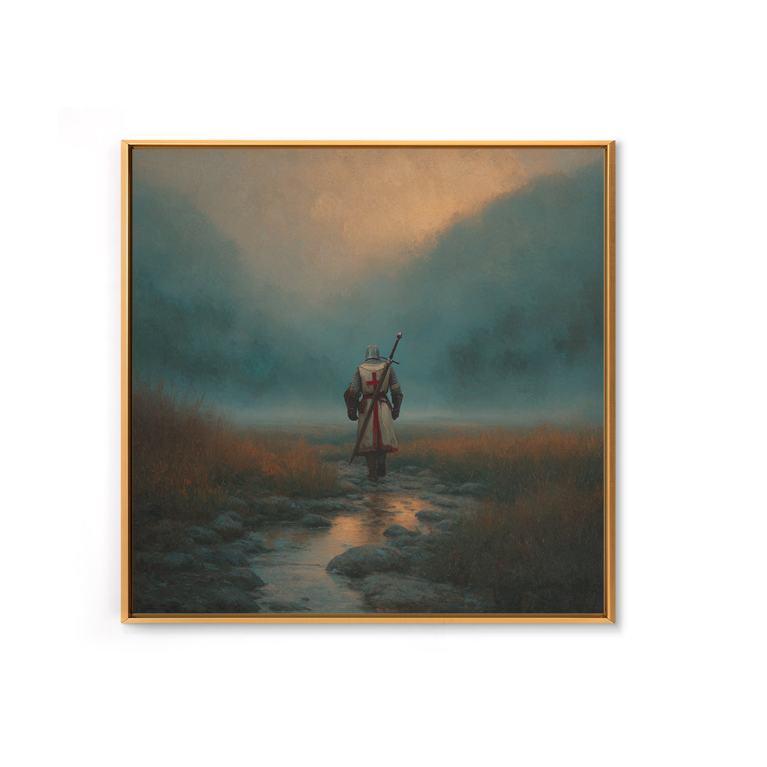 Foggy Knight Mountain Path Wall Art, Moody Fantasy Landscape Print, Medieval Warrior Decor, Rustic Home Decor Gift For Living Room