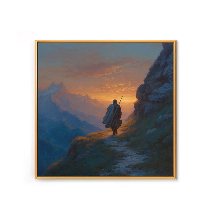 Lone Traveler On Mountain Path Wall Art, Sunset Fantasy Landscape Canvas Print, Epic Adventure Decor For Living Room Home Decor
