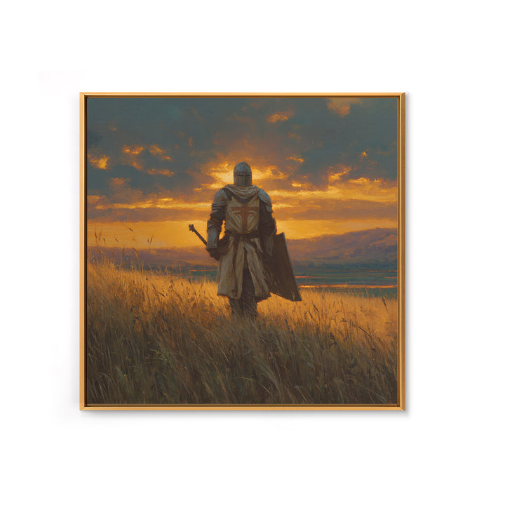 Lone Knight Sunset Field Canvas Print, Medieval Landscape Wall Art, Fantasy Warrior Decor, Rustic Home Decor, Gift For Him