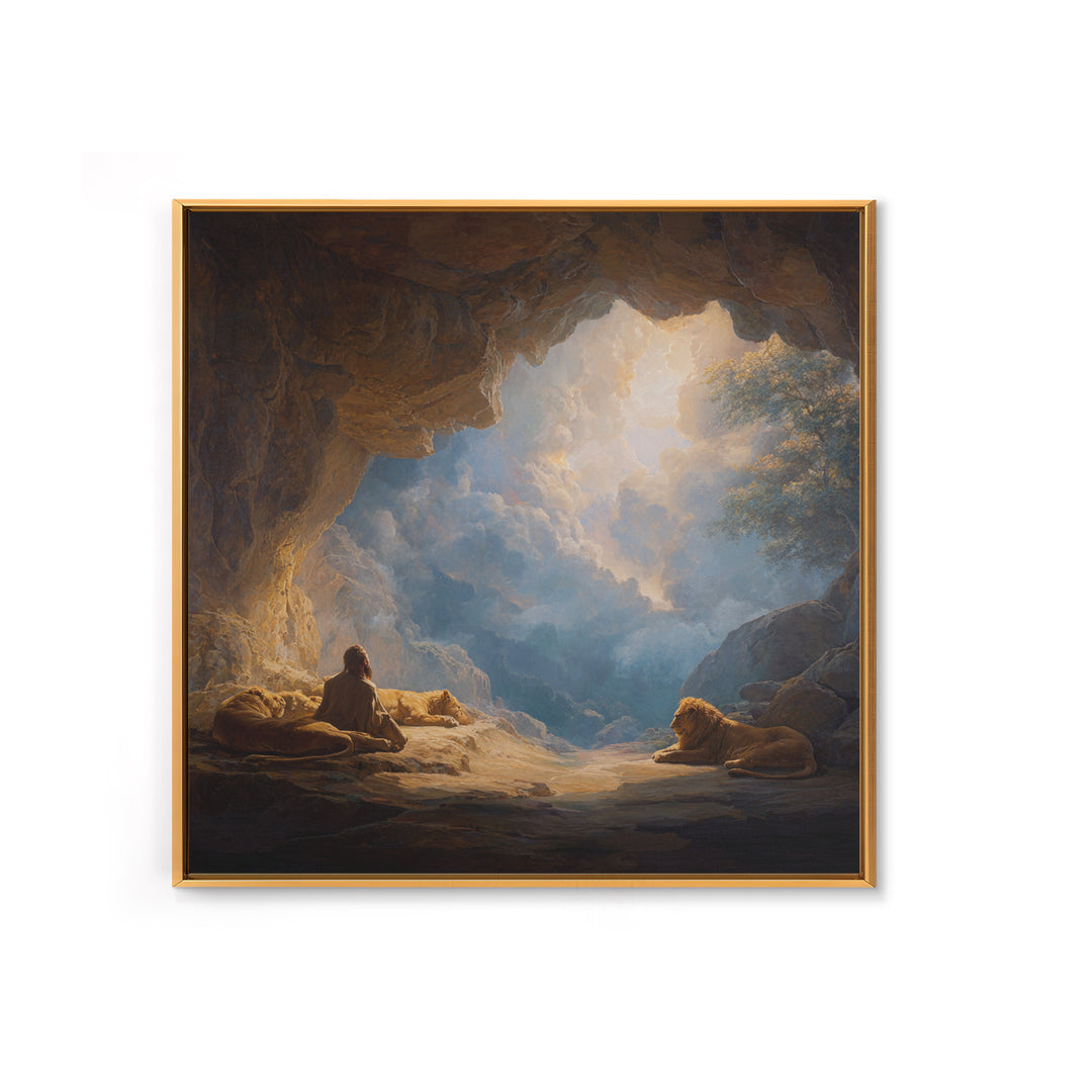 Cave Sanctuary With Lions And Heavenly Clouds Wall Art, Fantasy Landscape Canvas, Spiritual Home Decor, Mystical Gift Print