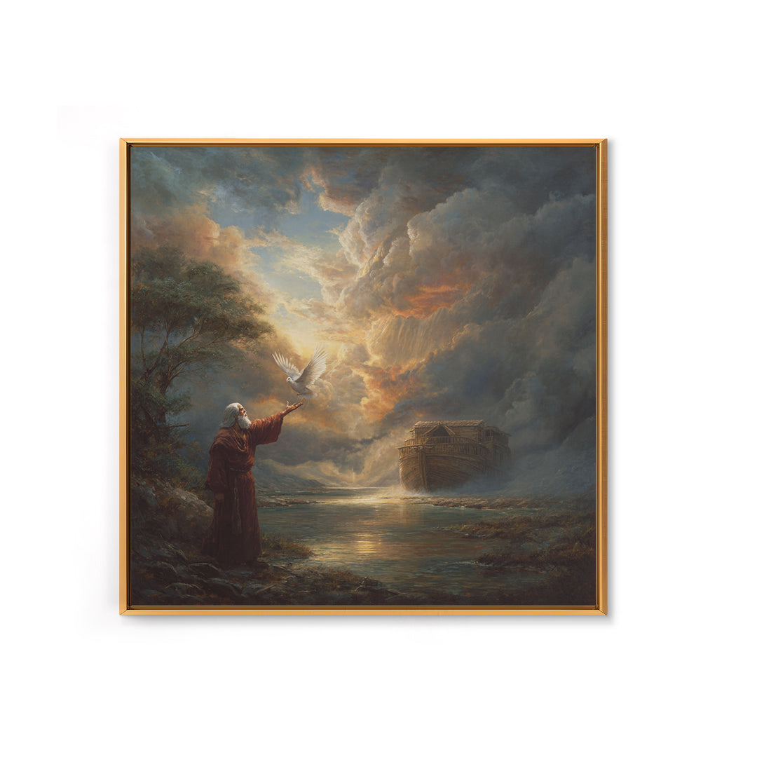 Noah Releasing Dove Before Storm Canvas Print, Biblical Wall Art, Christian Artwork, Dramatic Landscape Decor, Faith Gift