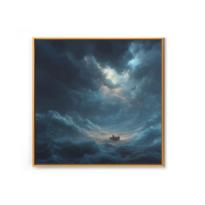 Tiny Boat In Stormy Ocean Wall Art, Dramatic Seascape Canvas Print, Nautical Coastal Decor, Moody Ocean Painting Gift For Him