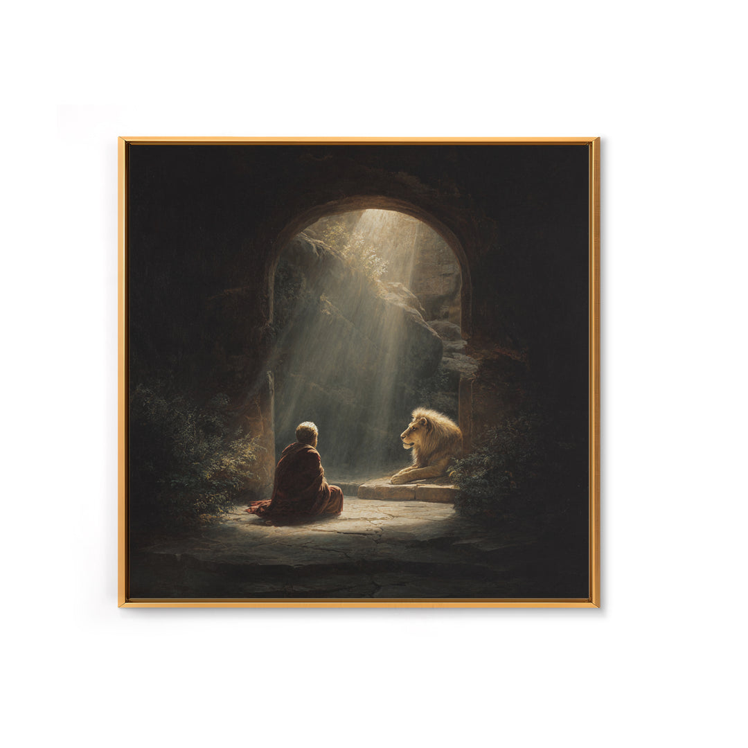 Child And Lion In Sunlit Cave Wall Art, Spiritual Fantasy Painting, Inspirational Decor, Storybook Artwork, Unique Gift For Her