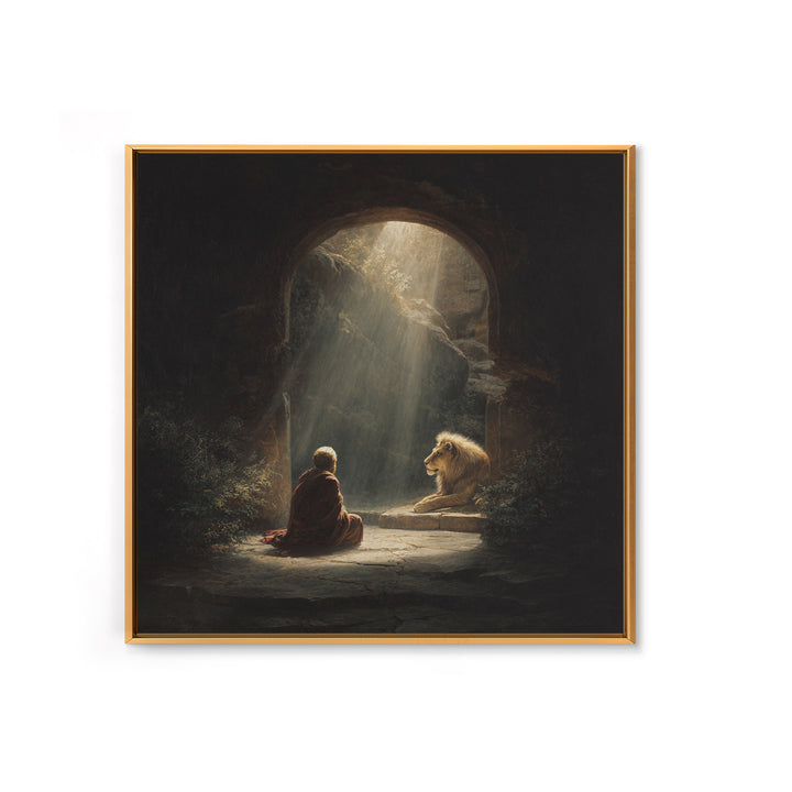 Child And Lion In Sunlit Cave Wall Art, Spiritual Fantasy Painting, Inspirational Decor, Storybook Artwork, Unique Gift For Her