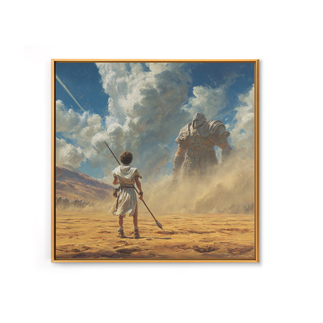 Young Warrior Facing Desert Giant In Dust Canvas Print, Biblical Wall Art, Fantasy Decor, David And Goliath Gift For Him