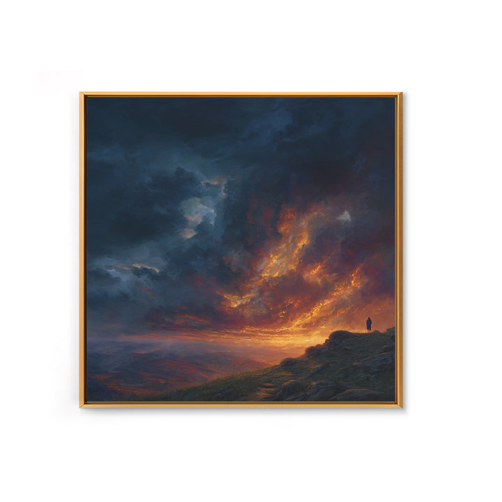 Lone Figure Under Fiery Storm Clouds Wall Art, Dramatic Landscape Canvas Print, Moody Fantasy Decor, Statement Artwork Gift