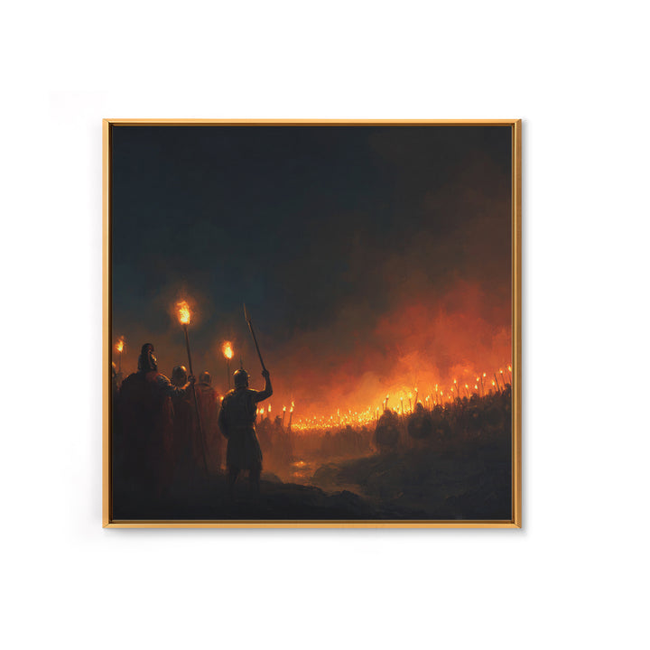 Torchlit Ancient Army At Night Wall Art, Dark Fantasy Canvas Print, Warrior Battle Scene, Moody Medieval Decor, Man Cave Gift