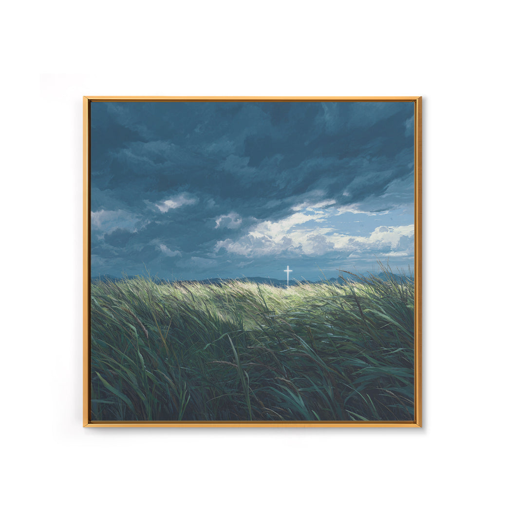 Stormy Field With Glowing Cross Wall Art, Christian Canvas Print, Moody Landscape Decor, Faith Inspired Prayer Room Art, Gift