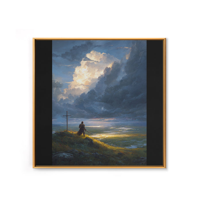 Lone Knight At Cross Under Storm Clouds Framed Canvas Print, Christian Wall Art, Dramatic Landscape, Faith Home Decor Gift