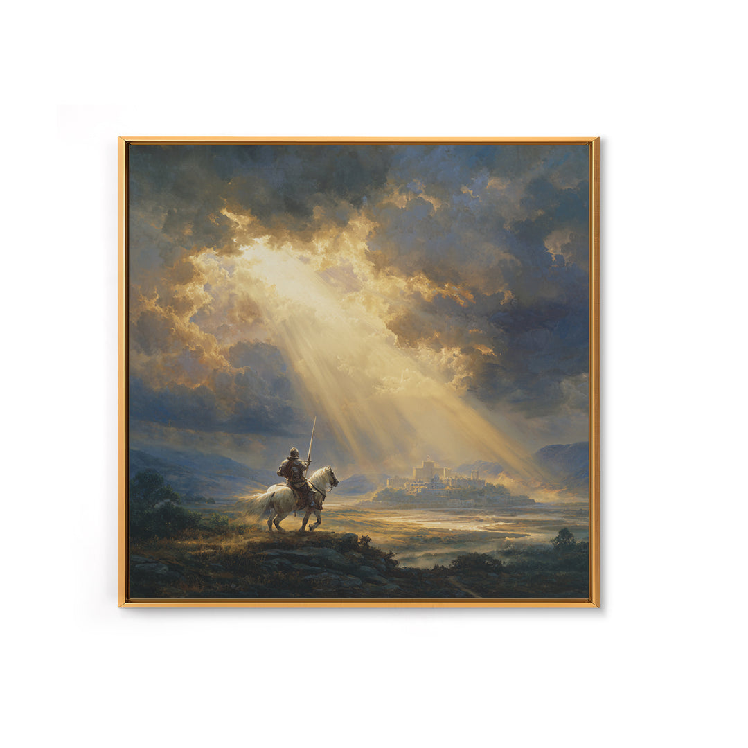 Mounted Knight Beneath Sunbeams Framed Canvas Print, Medieval Landscape Wall Art, Christian Artwork, Castle Decor Gift For Him