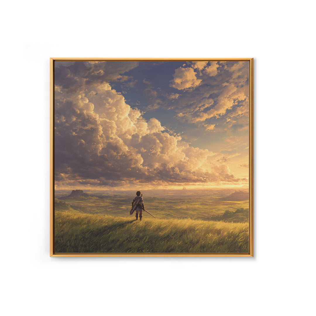 Lone Traveler Under Golden Clouds Wall Art, Fantasy Landscape Painting, Adventure Canvas Print For Bedroom And Living Room Decor