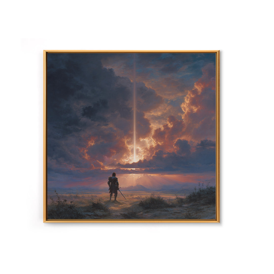 Lone Warrior Under Divine Sky Canvas Print, Fantasy Landscape Art, Dramatic Cloudscape Wall Decor, Medieval Adventure Gift For Him