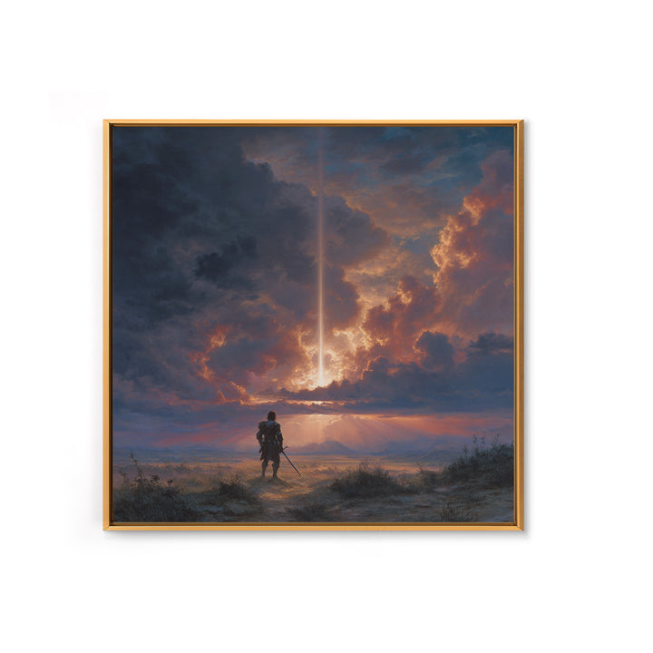 Lone Warrior Under Divine Sky Canvas Print, Fantasy Landscape Art, Dramatic Cloudscape Wall Decor, Medieval Adventure Gift For Him