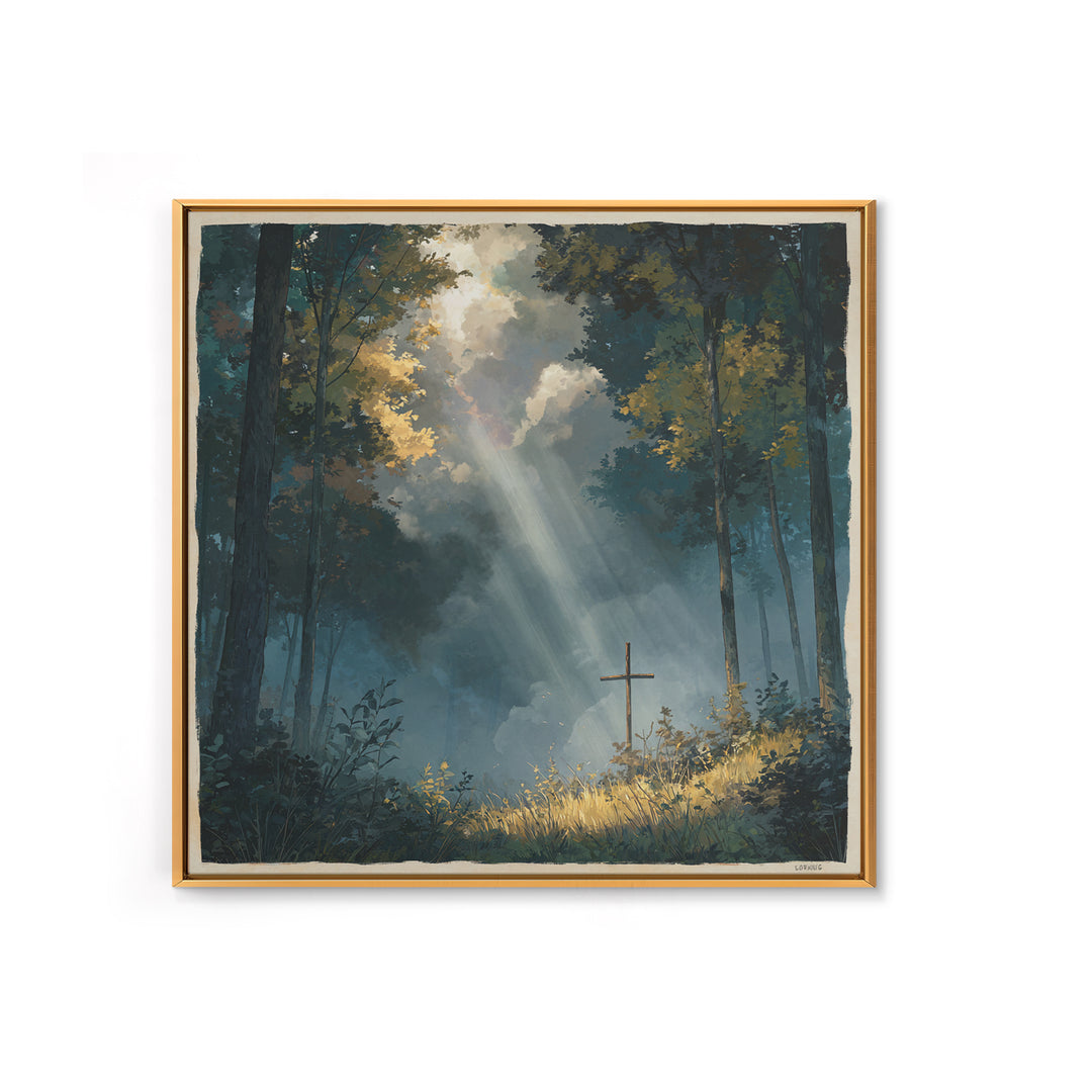 Sunbeams Over Forest Cross Wall Art, Peaceful Christian Canvas Print, Spiritual Nature Decor, Prayer Room Artwork, Faith Gift
