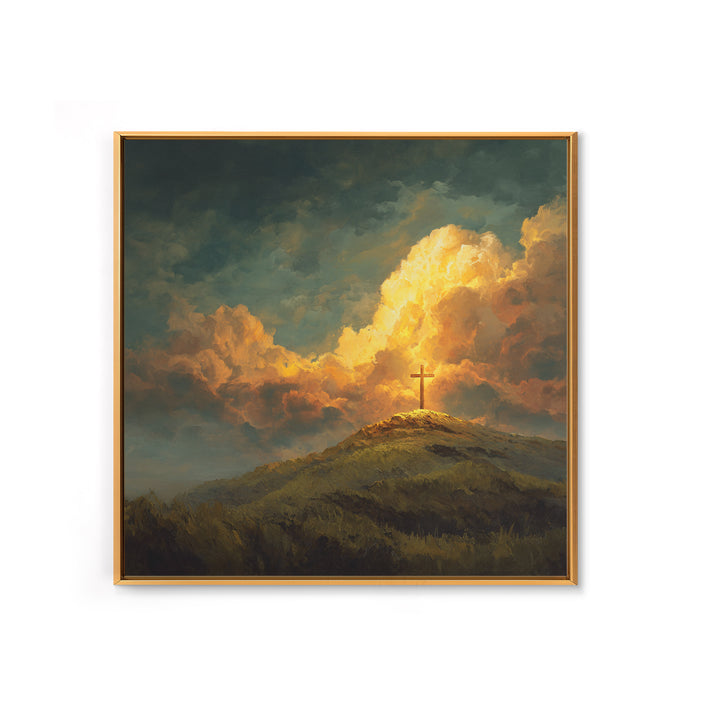 Glowing Cross On Hilltop Wall Art, Christian Landscape Canvas Print, Inspirational Clouds, Religious Home Decor Gift For Her