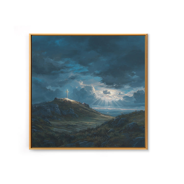 Glowing Cross On Stormy Hill Wall Art, Dramatic Christian Landscape Painting For Prayer Room Decor And Spiritual Gift Idea