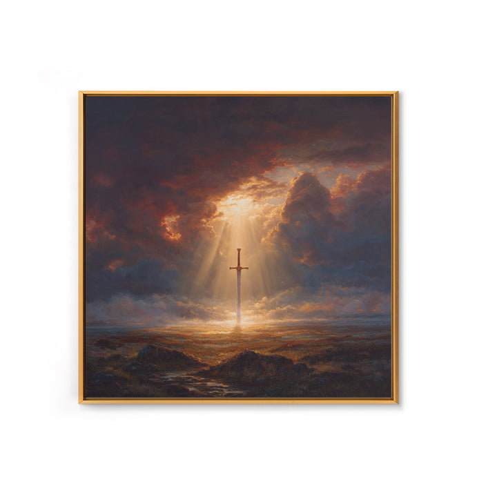 Sword Of Light In Stormy Field Framed Canvas Print, Christian Symbol Painting, Dramatic Landscape Wall Decor, Faith Gift