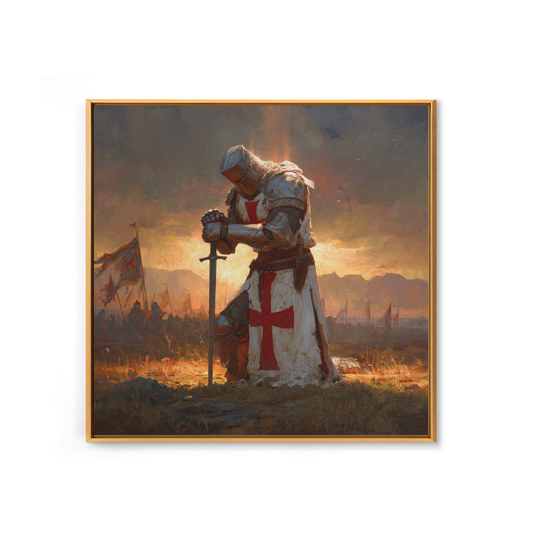 Kneeling Templar Knight In Battle Canvas Print, Medieval Christian Wall Art, Crusader Artwork Gift For Him, Man Cave Decor