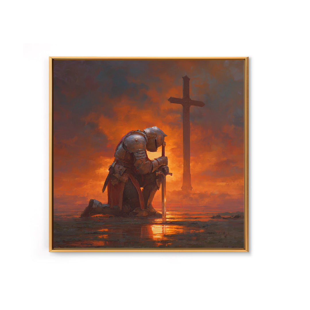 Kneeling Crusader Before Cross At Fiery Sunset Wall Art, Christian Canvas Print, Medieval Decor, Inspirational Gift For Him
