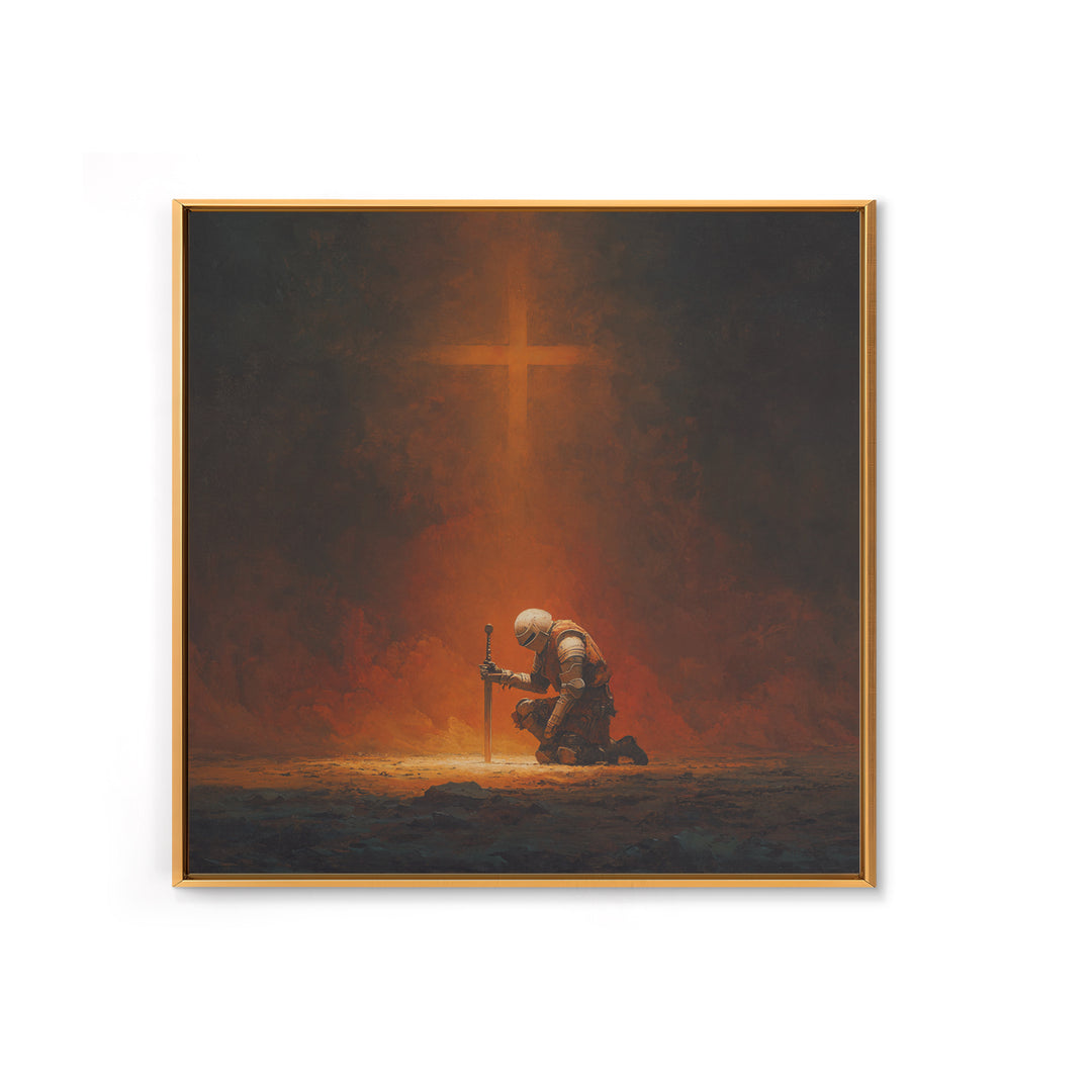 Kneeling Knight With Glowing Cross Framed Canvas Print, Christian Wall Art, Dark Fantasy Decor, Prayer Room Gift For Him Home Decor