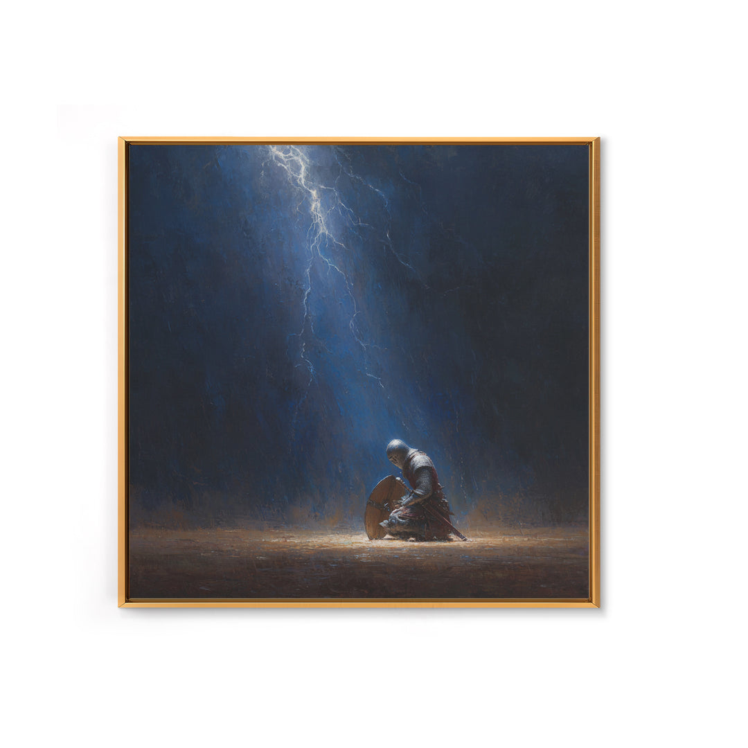 Kneeling Knight In Lightning Storm Wall Art, Dark Fantasy Medieval Canvas, Warrior Prayer Scene, Gothic Home Decor Unique Gift